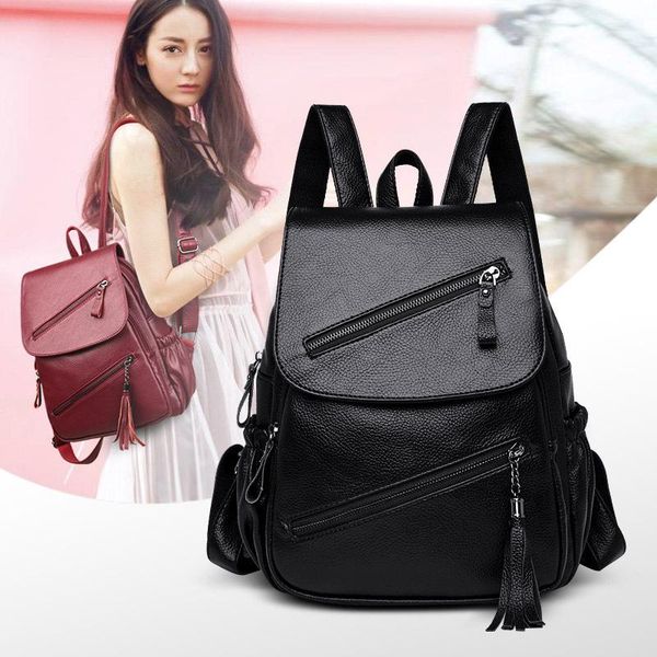 

outdoor bags fashion tassel women genuine leather backpack shoulder school for teenagers travel cowhide female knapsack