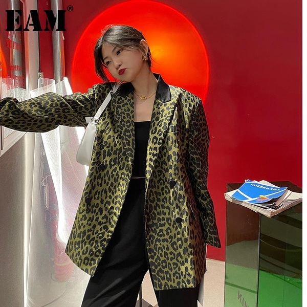 

women's suits & blazers [eam] women green leopard printed big size blazer lapel long sleeve loose fit jacket fashion spring autumn 2021, White;black