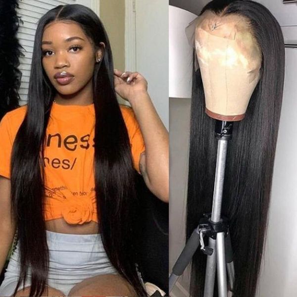 

lace wigs 32inch straight front wig middle part human hair pre plucked long peruvian 13x6, Black;brown