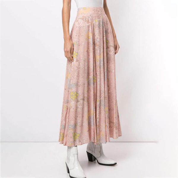 

skirts floral print maxi woman summer high waist pockets long casual vintage femme jupe 2021, Black