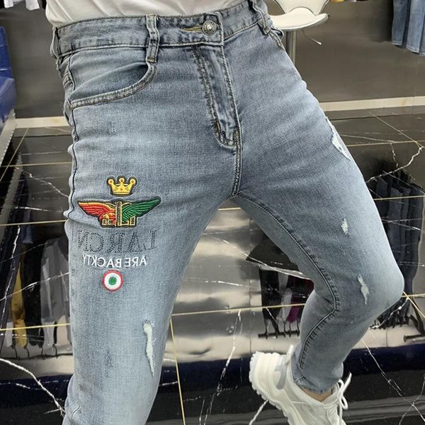 

men's jeans drilling jean homme slim fashion brand korean light color mens skinny 2021 spring embroidery denim men, Blue