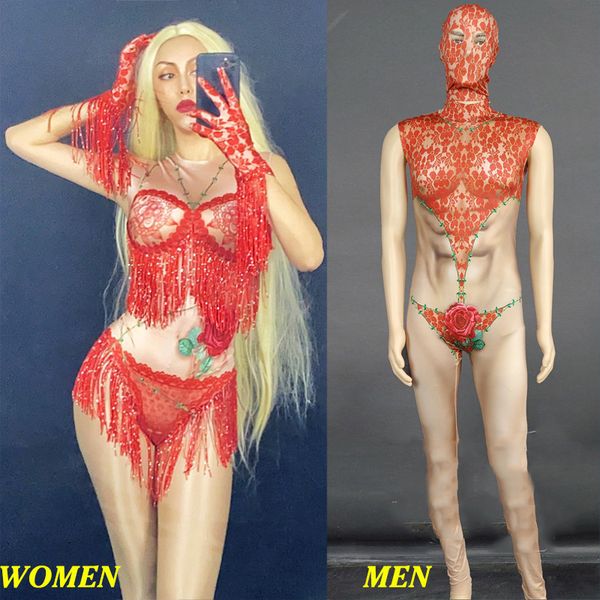 

bar club singer festival clothing fake nude bodysuit lace red fringe dance costume pole dance performance stage outfit vdb2290, Black;red
