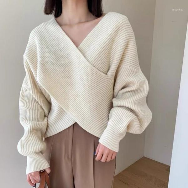 

women's sweaters loribindwood 2021 autumn and winter fashion v-neck sweater korean style temperament all-match irregular bat sleeve, White;black