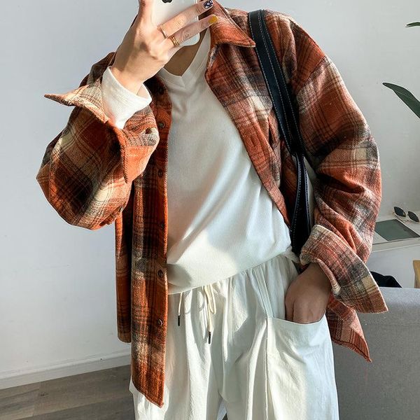 

women's trench coats full blue 2021 spring model plaid long-sleeved shirt loose woolen coat cardigan, Tan;black