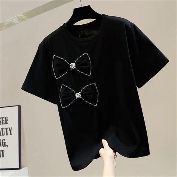

women's short-sleeve t-shirt new bills of three-dimensional chain strass puff summer student girls t ropa mujer fq6c, White