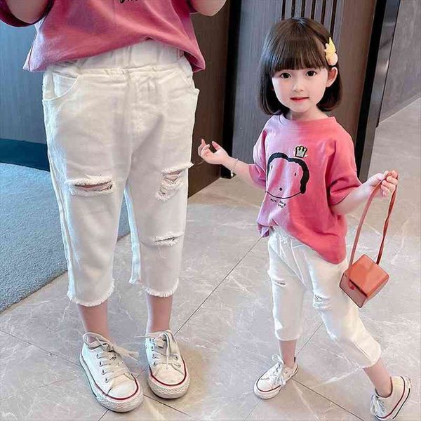 

girls summer pants childrens wear korean white jeans cropped trousers with holes, Blue