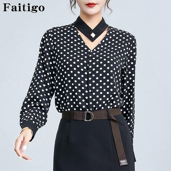 

halter v-neck polka dot chiffon blouse women autumn casual long sleeve slim elegant office lady blouses, White