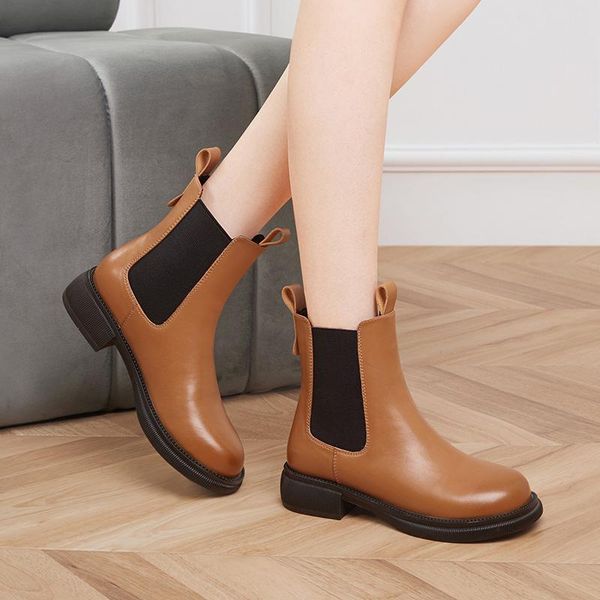 

boots genuine leather women 2021 all-match motorcycle female autumn nude big head shoes tooling, Black