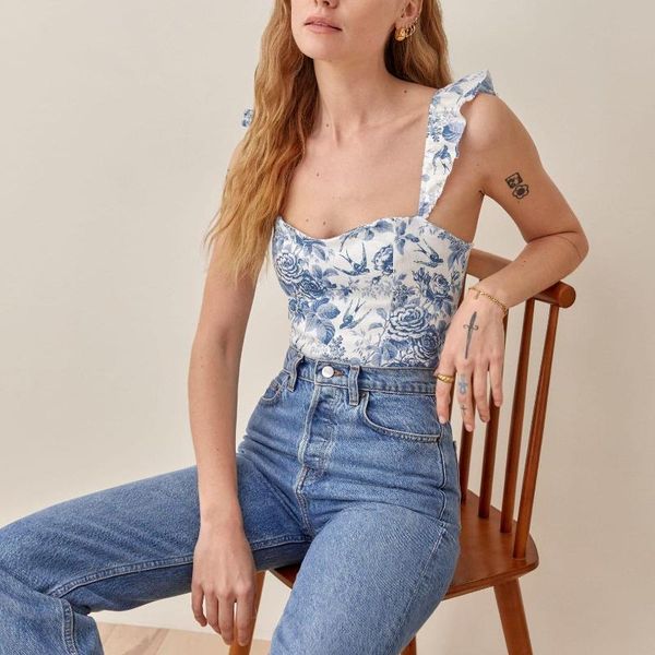 

women's tanks & camis summer women corset vintage blue floral crop ruffle cami streetwear tube cute chinese painting, White