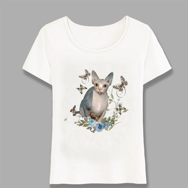 

women's t-shirt fashion summer pretty sphynx cat and butterflies print women girl casual lovers white tees harajuku