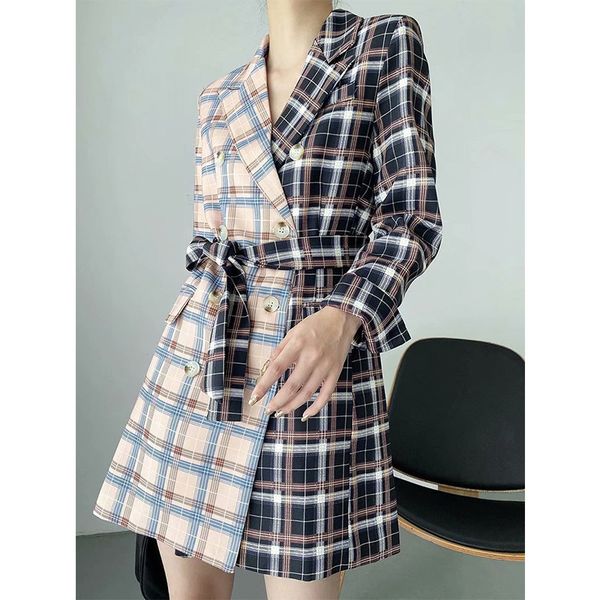 

2021 new autumn winter women belt blazers mixed color plaid ladies jackets llegant girls causal outfits suit mkc9, White;black
