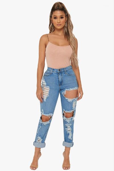 

loose plus size boyfriend large ripped high waist jeans for women women's, Blue