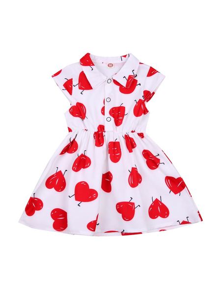 

2021 2-7y kid baby girl spring walking heart print single breasted turn-down collar short sleeve dress outfit valentine's day, Red;yellow