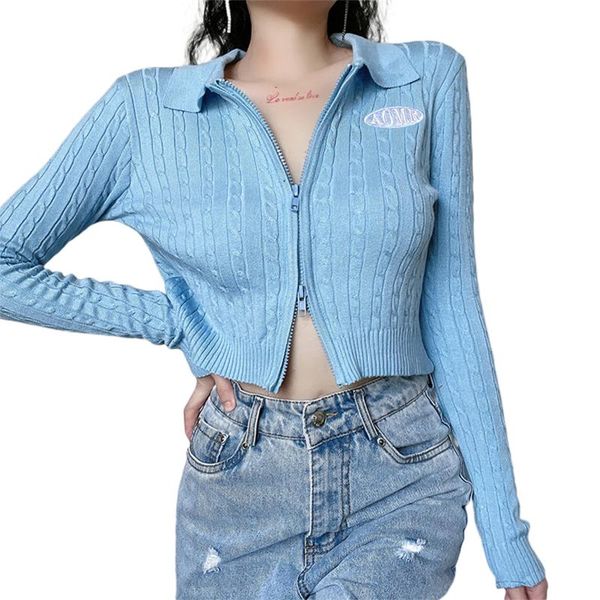 

women's knits & tees women cropped cable-knit sweater cardigan autumn winter y2k open front zipper 90s long sleeve printed knit crop ju, White