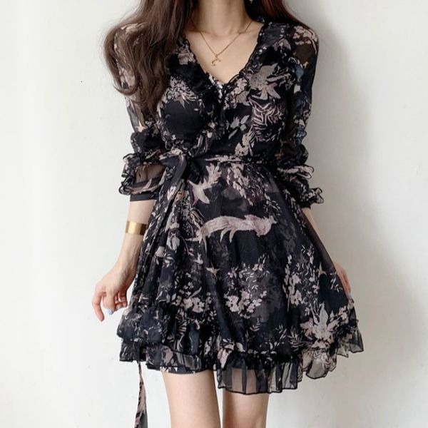 

casual dresses woman party night spring korean french floral v-neck ruffle edge snow spinning mesh patchwork dress women 7un6, Black;gray