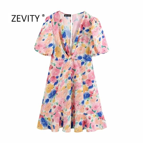 

zevity new women knotted deep v neck flower print casual slim dress chic elegant female lantern sleeve hem ruffle dresses ds4153 210302, Black;gray