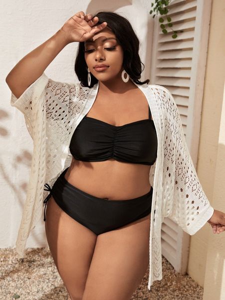 

plus open knit kimono without bikini set w9lf#, Black