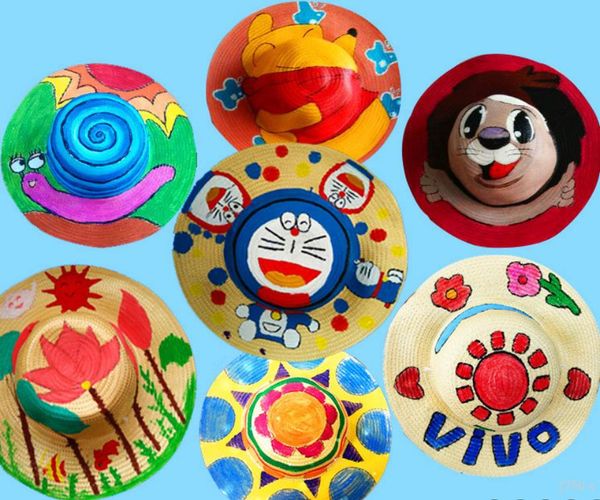 

diy straw hat cartoon sunhat summer wide brim blank cap travel sunscreen accessories painting by yourself kids adults size, Yellow