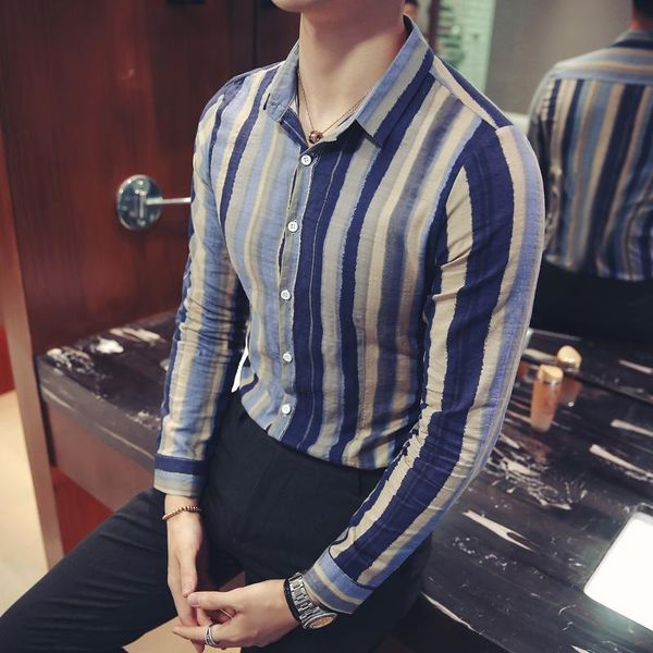 

men's casual shirts 2021 style male spring slim fit stripe long-sleeved shirts/men lapel business shirt green blue s-5xl, White;black