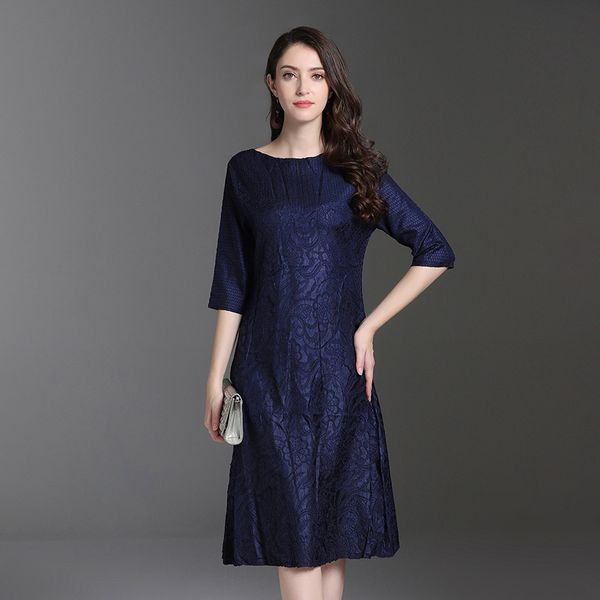 

2021 new spring winter chinese style vintage pleated heavy industry embroidery three-quarter sleeves plus size a-line c6om, Black;gray