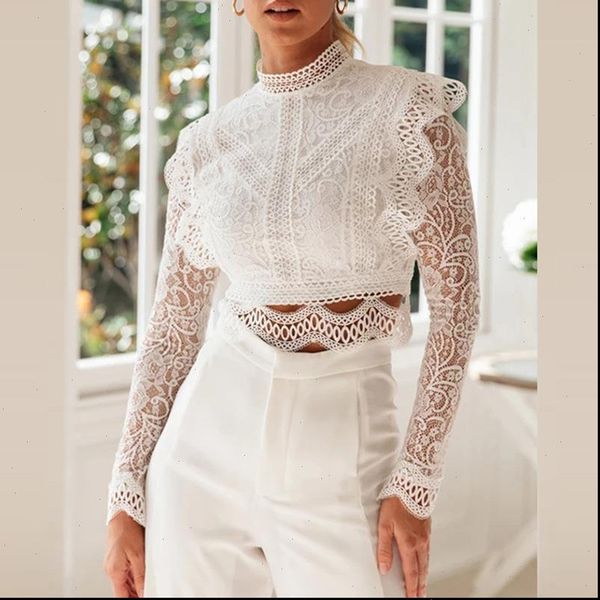 

ordi2021 summer women white lace blouse short long sleeve ruffle blouse shirt drop shipping