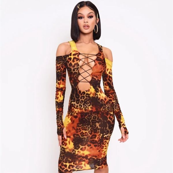 

off shoulder hollow out dresses women autumn leopard print long sleeve bandage bodycon dress women animal print dresses, Black;gray