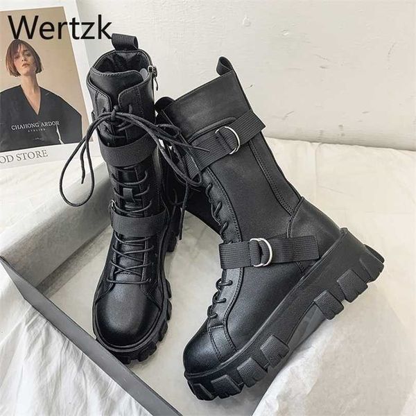 

women mid-calf boots autumn winter punk genuine leather women zipper cross-tied riding high heels shoes woman 211105, Black