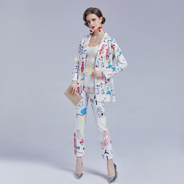 

women's two piece pants autumn chic graffiti printed suit jacket set fashion office lady skinny for women pockets straight blazer, White