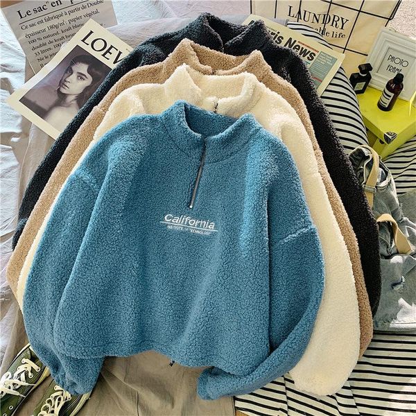 

women's hoodies & sweatshirts short sweater shaggy lamb wool half high collar women crop drawstring zipper casual pullover fall winter, Black