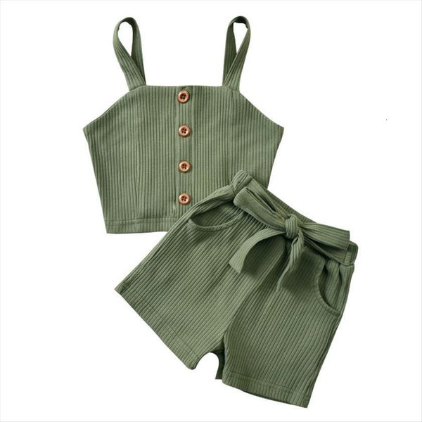 

little girls solid color ribbed set spaghetti straps button and shorts 2 piece suits summer, White