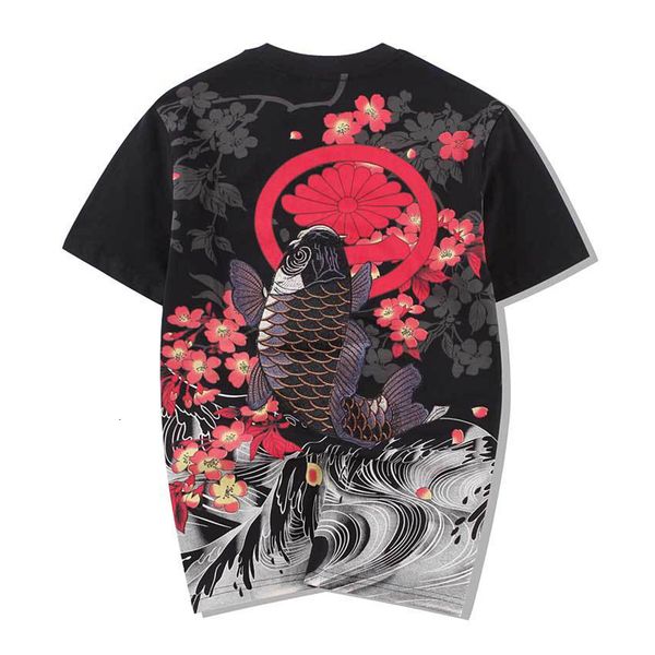 

2021 arrival of cotton hip-neck hop sell animal embroidered style carp tattoo world paint short shirt bd7w, White;black