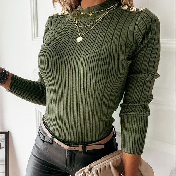 

2021 new elegant women solid color sweaters patchwork design button decor half high collar long sleeve winter slim pullovers knitted eg, White;black