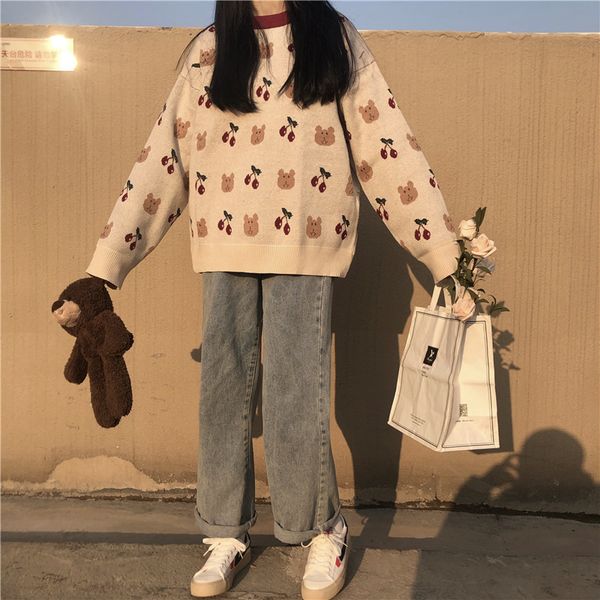 

2021 autumn new student cute cartoon knitted round neck pullover long sleeve college style sweater bnnv, White;black