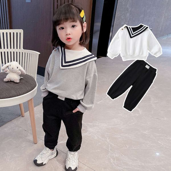 

spring navy korean girls wear collar 2021 knitted sweater baby casual pants children's sports suit, White