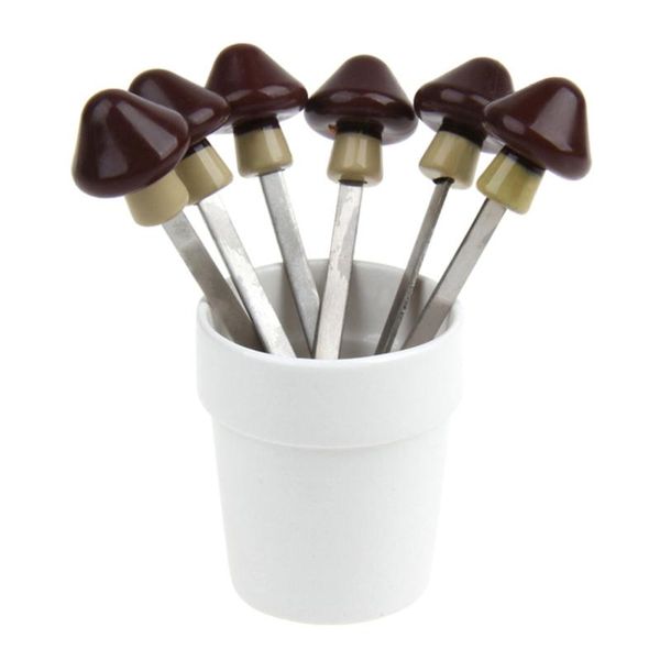 

forks 1 set mushroom shape design stainless steel fruit picks cake party supplies for banquet (silver + coffee)
