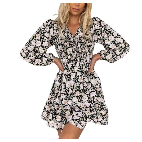 

casual dresses elegant women autumn printed flower temperament v-neck long sleeve mini dress vestidos mujer verano 2021, Black;gray