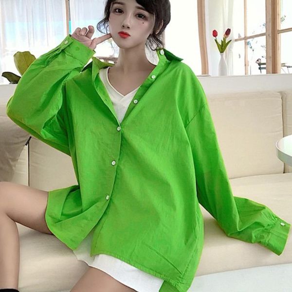 

women's blouses & shirts [ewq] korea chic casual fashion lapel single-breasted loose green long-sleeved shirt blouse women autumn plus, White