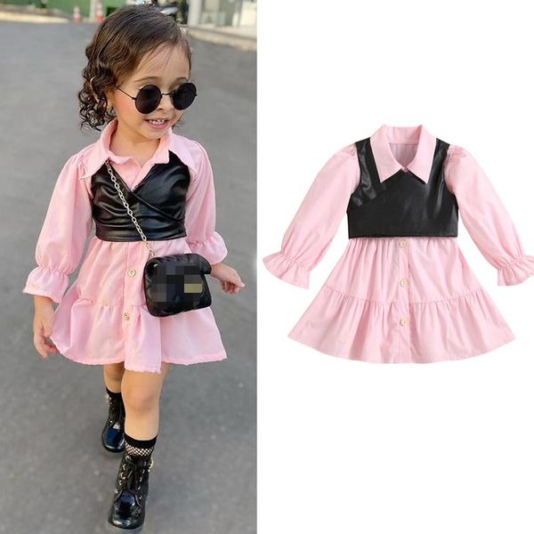 

girl's dresses 2-6years autumn fashion kids girls dress 2pcs outfits 1-6y solid single breasted shirts dress+pu leather vest, Red;yellow