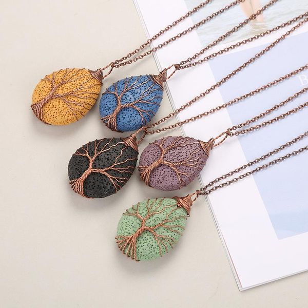 

pendant necklaces tree of life copper wire wrapped waterdrop lava stone essential oil diffuser necklace jewelry, Silver