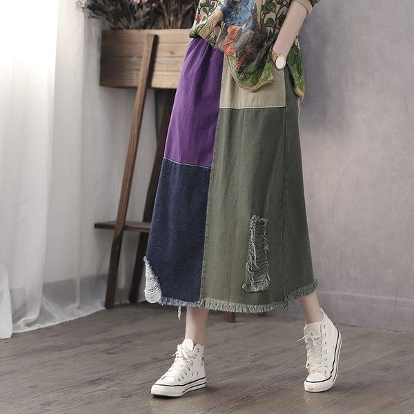 

skirts retro literary spring and autumn color matching skirt hole denim female vintage casual a-line jeans saias midi r362, Black