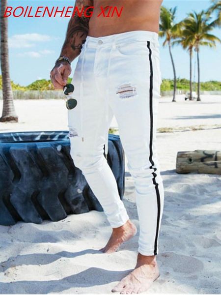 

men's jeans springtime hip-hop hole ripped pants fashion slim men side stripe elastic skinny stretch pencil, Blue