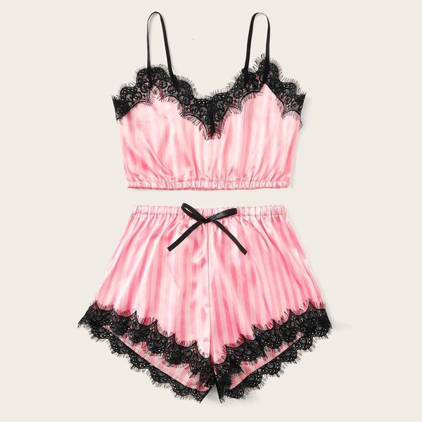 

new women v-neck pyjama silk lace satin striped camisole sleepwear shorts set night suit women lingerie solid color dames pyama, Black;red