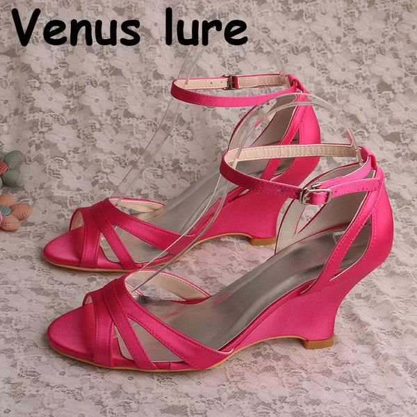 

dress shoes satin fuchsia bridal wedge sandals peep toe women wedding with ankle strap, Black