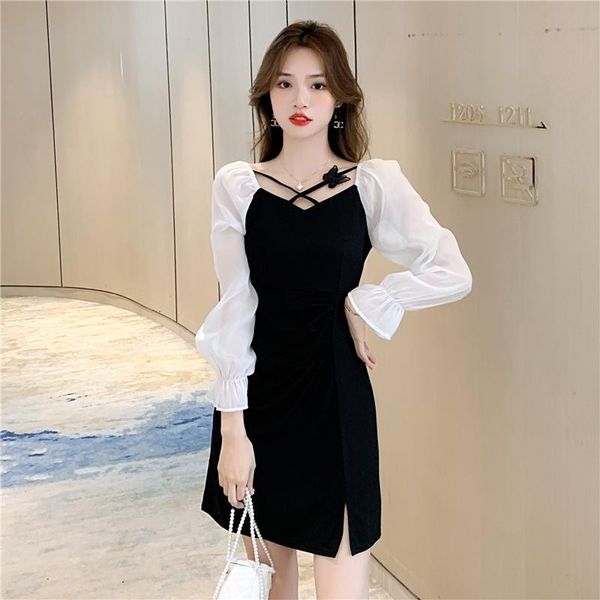 

casual dresses women one piece dress winter autumn 2021 office lady korea style fashion long sleeve patchwork solid v-neck, Black;gray