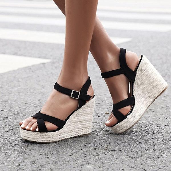 

sandals lapolaka 2021 dropship big size 43 leisure straw platform wedges high heels ankle-strap women female summer shoes woman1, Black