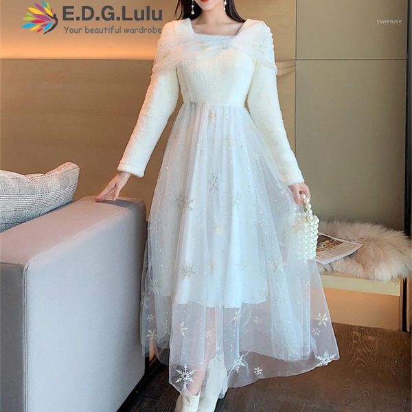 

casual dresses edglulu women's vintage square neck long sleeve mohair patchwork mesh party dress embroidered stars elegant 1201, Black;gray