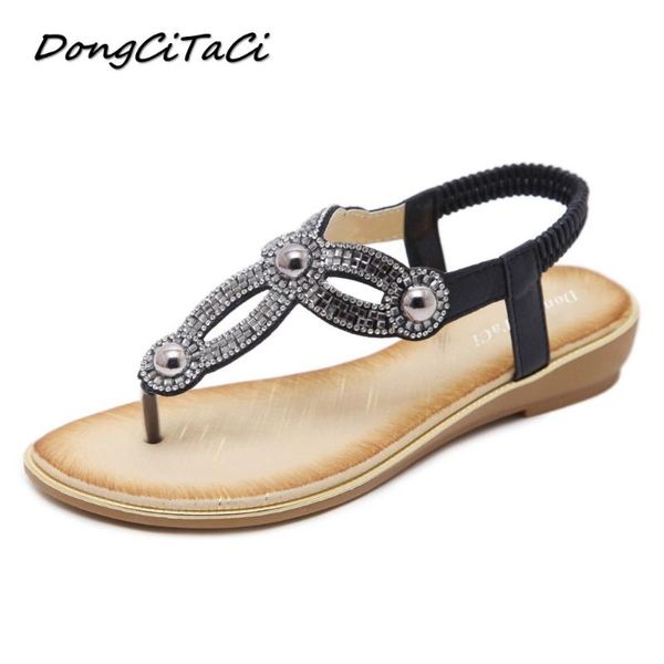 

n 2021 women flat gladiator sandals woman bohemian national flip flop women sandals crystal flower beach 35-42, Black