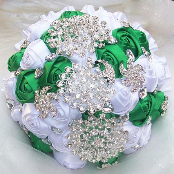 

wedding flowers crystal bouquet green white silk rose glitter bridal bouquets bridesmaid mariage w2797