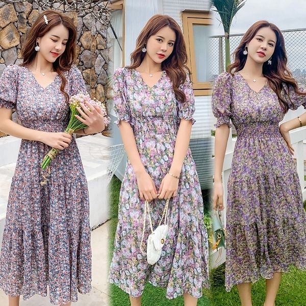 

mozuleva colorful flower print women short-sleeve chiffon dress female v-neck party holiday dress bohe vestidos summer new 210309, Black;gray
