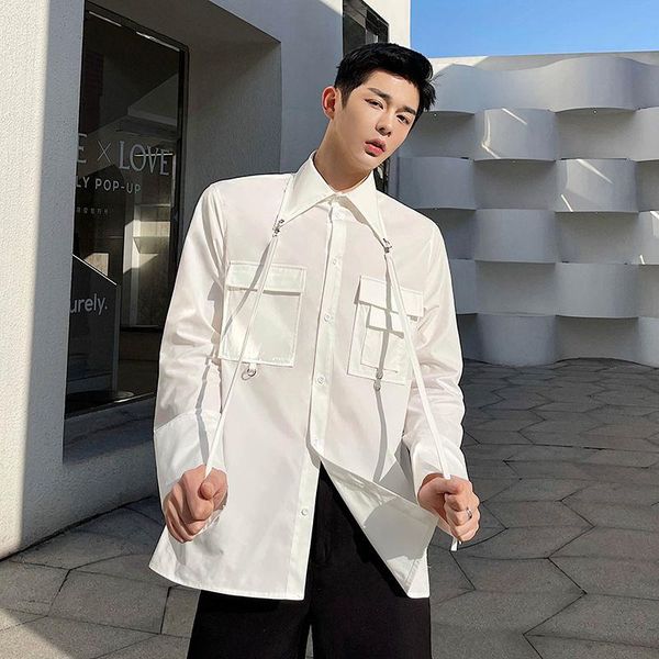 

men's casual shirts wear 2021 autumn turn-down collar long sleeve shirt double pocket belt loose for male clothing, White;black